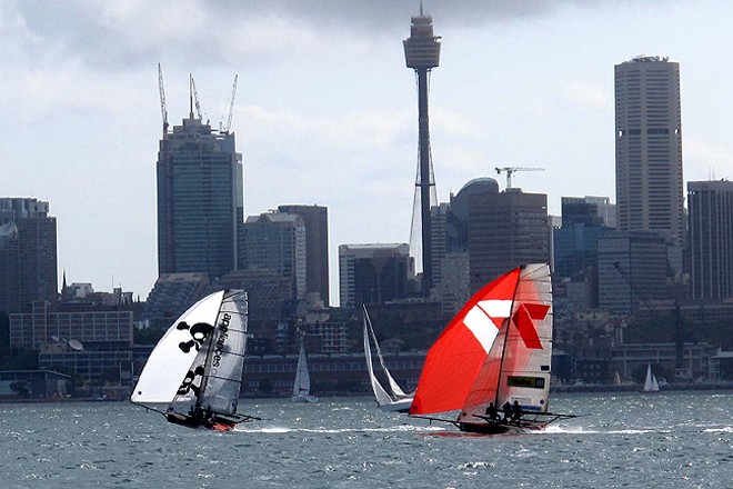 Appliancesonline under pressure from 7 down the 3rd spinnaker run - AEG 3-Buoys Challenge 2012 Race 4 © Frank Quealey /Australian 18 Footers League http://www.18footers.com.au